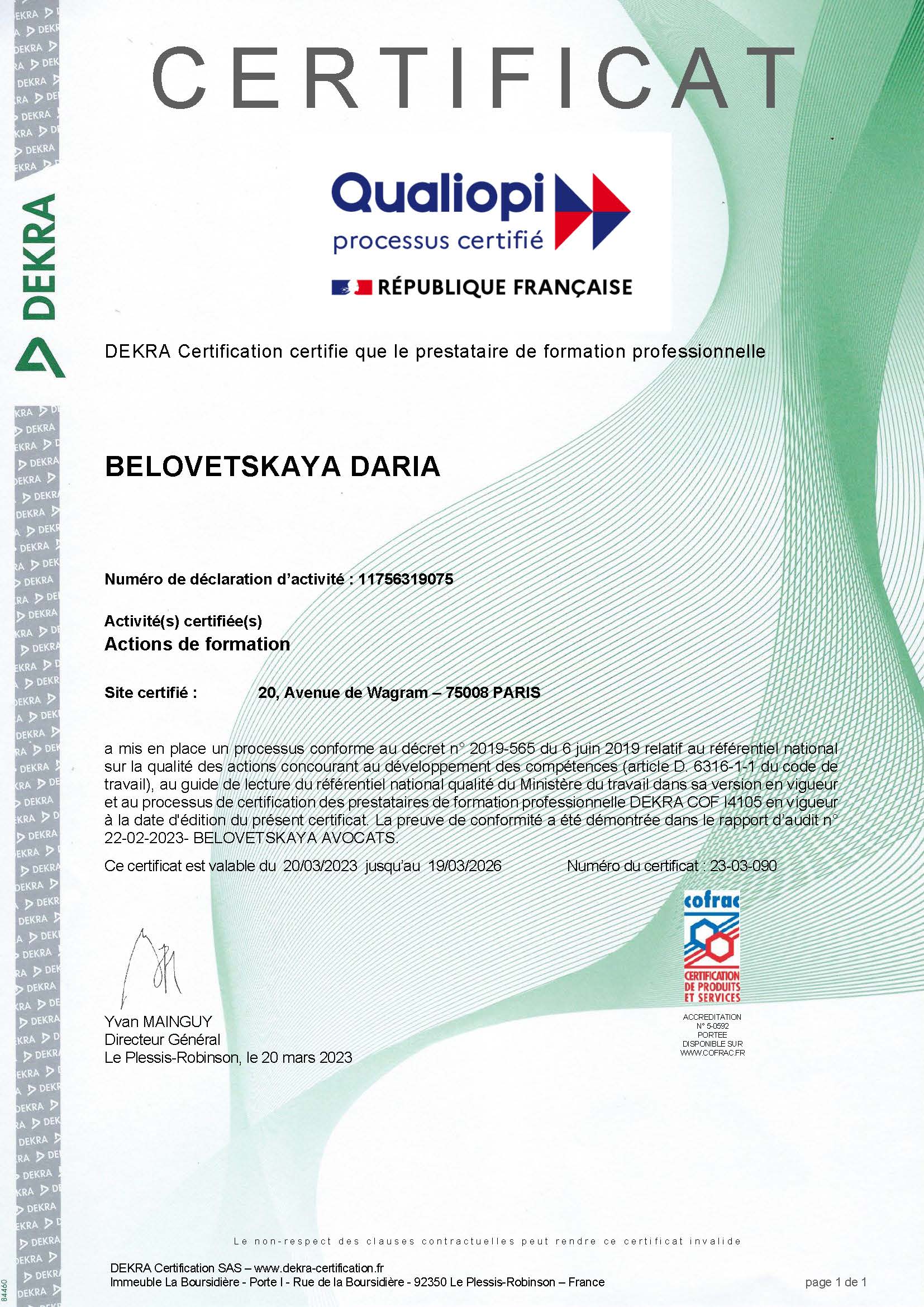 Certificat QUALIOPI BELOVETSKAYA DARIA 2023 03 20 1